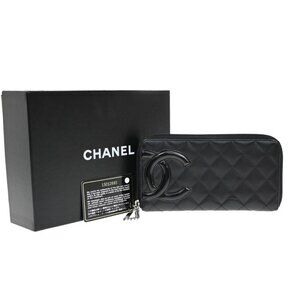 CHANEL CC Cambon Long Zipper Bifold Wallet Patent Leather Black